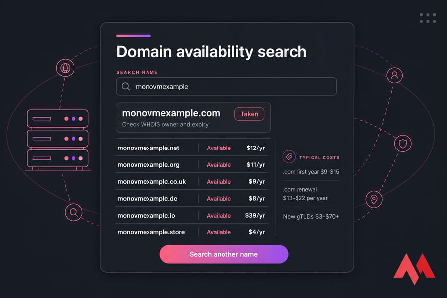 Conceptual domain search results showing a taken .com and several available alternative extensions with prices.