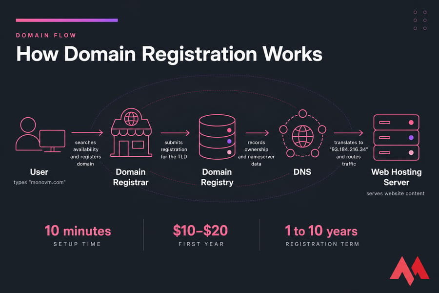 Flow diagram of user, registrar, registry, DNS, and hosting server in the domain registration chain.