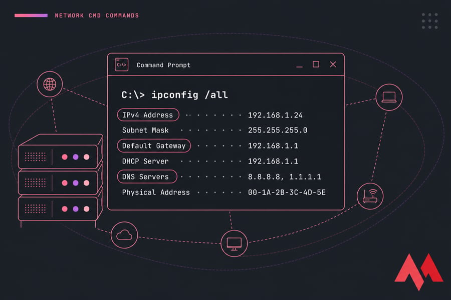 Stylised CMD ipconfig /all illustration with IPv4 Address, Default Gateway, and DNS Servers highlighted