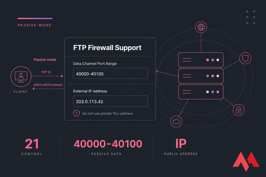 Stylised IIS FTP Firewall Support panel with passive port range and external IP filled in.