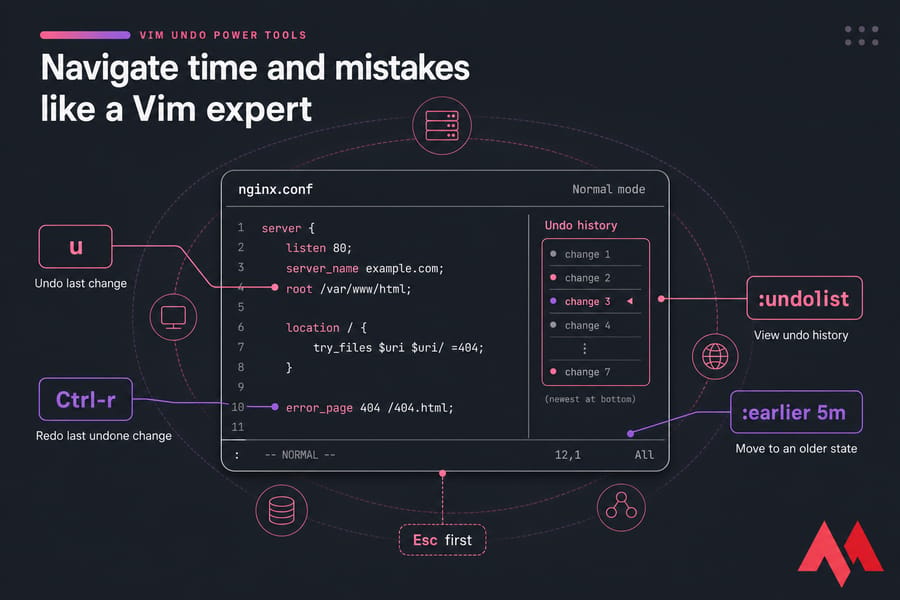 Stylised Vim terminal illustration with callouts for u, Ctrl-r, :undolist, and :earlier 5m.