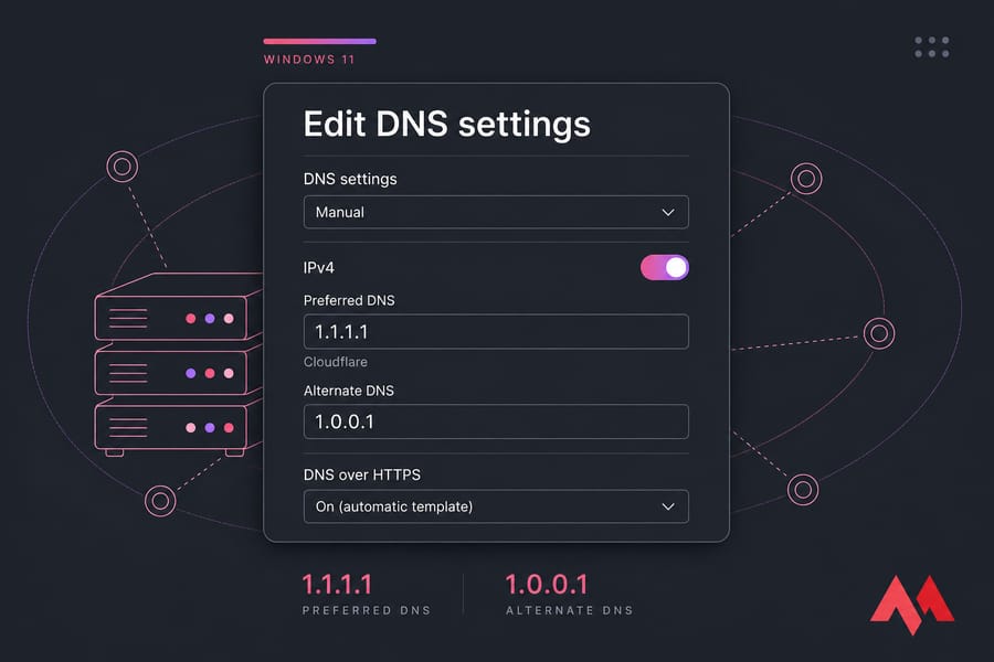 Stylised Windows 11 DNS settings panel showing 1.1.1.1, 1.0.0.1, and DNS over HTTPS