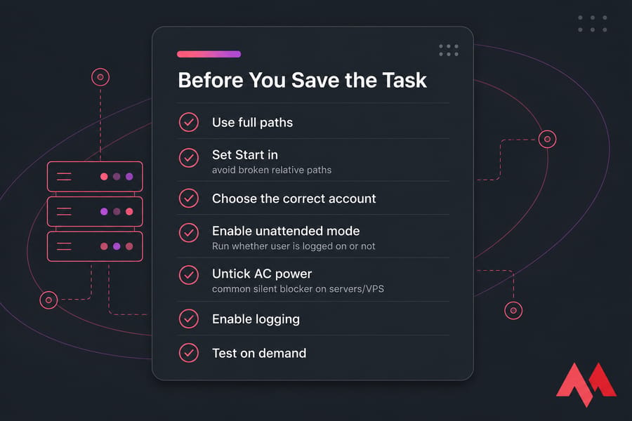 Checklist card titled Before You Save the Task with seven ticked Task Scheduler checks
