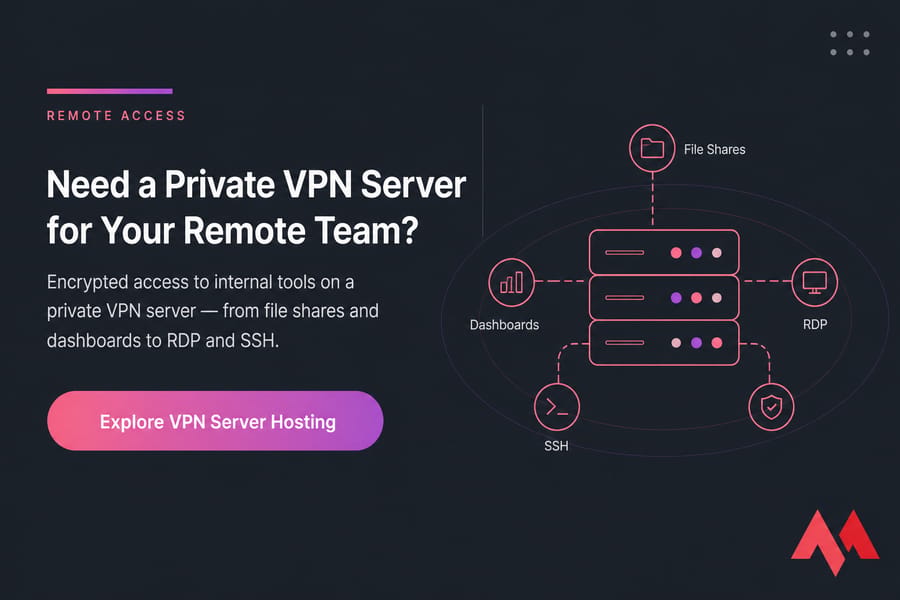 CTA card for private VPN server hosting with remote team headline and explore button