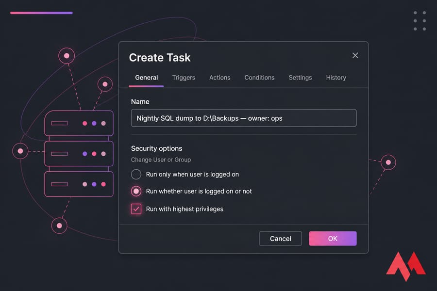 Stylized Create Task General tab showing task name, logged-on setting selected, and highest privileges checked