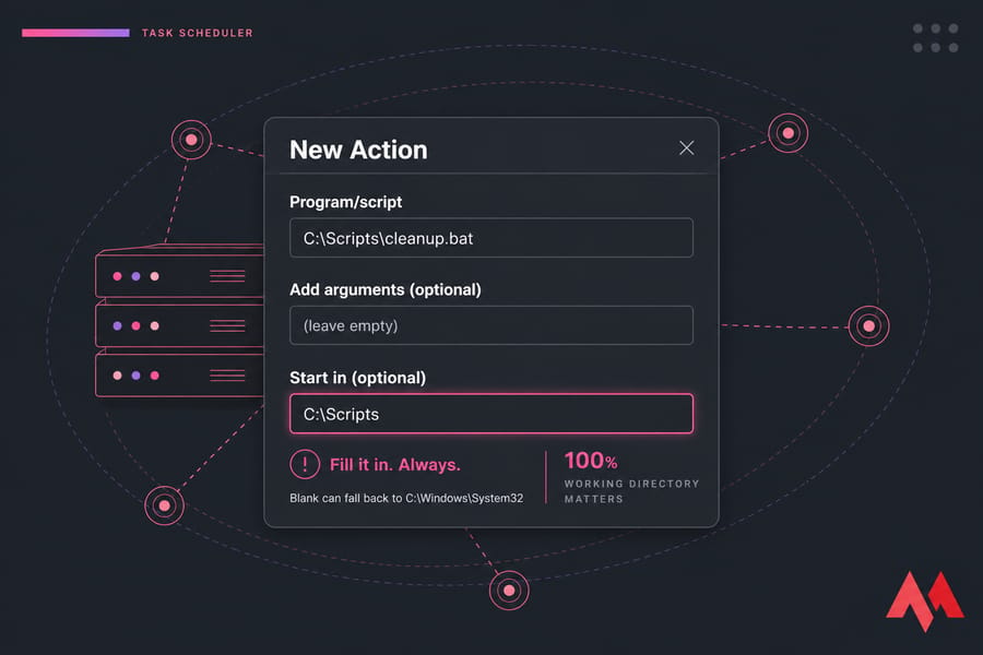 Stylized New Action dialog showing Program/script cleanup.bat and Start in C:\Scripts