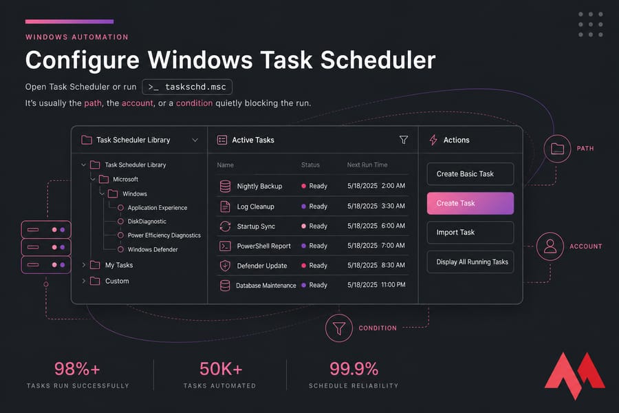 Stylized Task Scheduler console with Create Task highlighted and labeled panels.