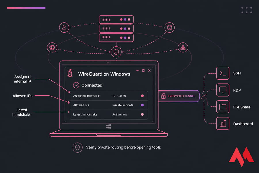 Stylized WireGuard on Windows illustration with active tunnel and callouts for IP, allowed IPs, and handshake
