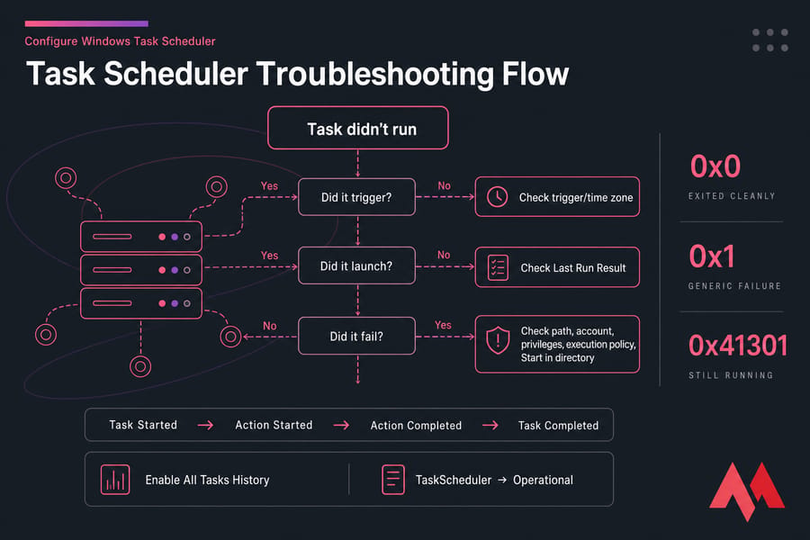 Task Scheduler troubleshooting flowchart with trigger, launch, failure checks and result codes