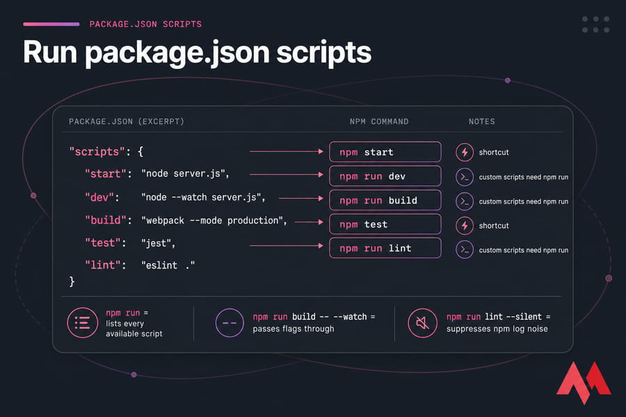 Annotated package.json scripts card showing script names and matching npm run commands.