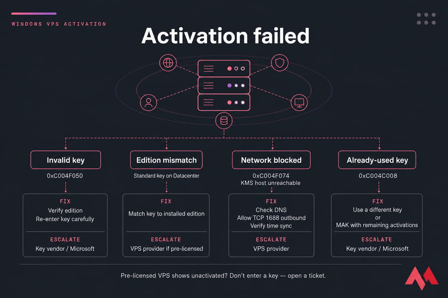 Decision-flow infographic for Windows VPS activation failures with fixes and escalation paths.