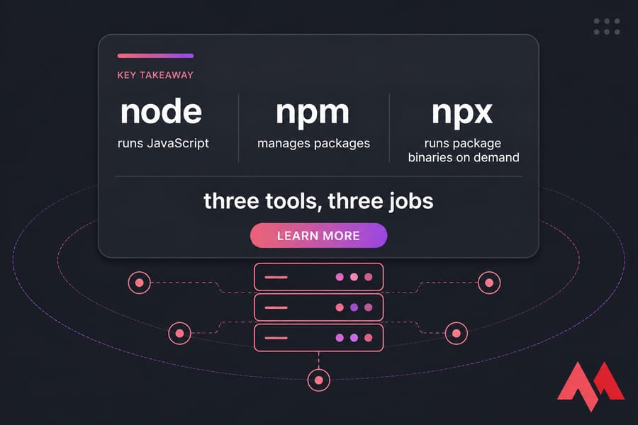 Key takeaway card showing node, npm, and npx with their three distinct jobs.