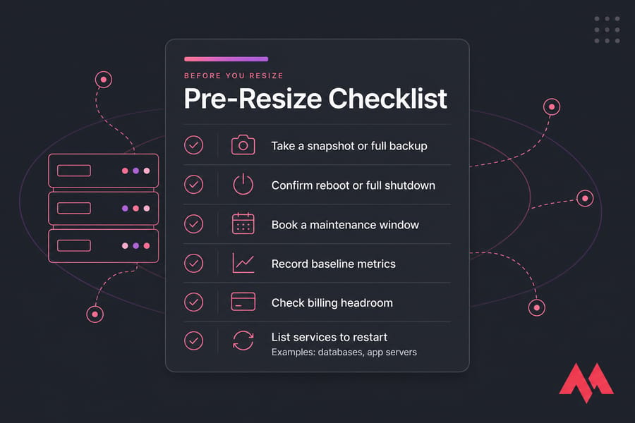 Pre-resize checklist card for a cloud server upgrade with six key preparation steps.