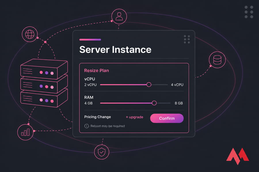 Stylised cloud dashboard with Resize Plan panel, vCPU and RAM sliders, and Confirm button