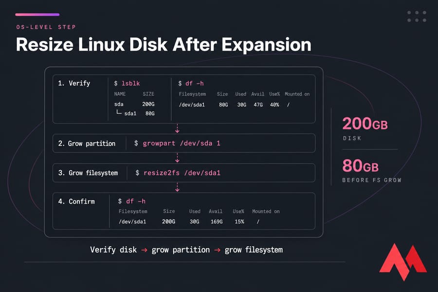 Stylised terminal workflow showing lsblk, growpart, resize2fs, and df -h confirming disk expansion