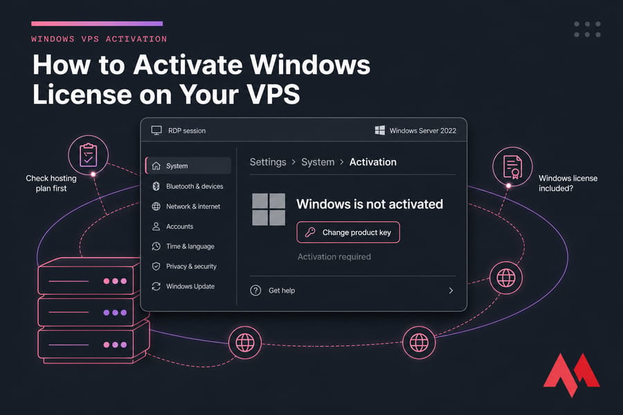 Stylised Windows VPS activation screen showing 'Windows is not activated' and 'Change product key'.