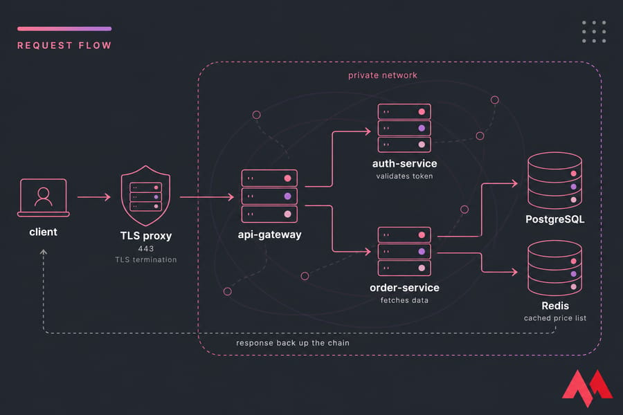 Diagram of client request flow through TLS proxy, api-gateway, services, and databases inside a private network.