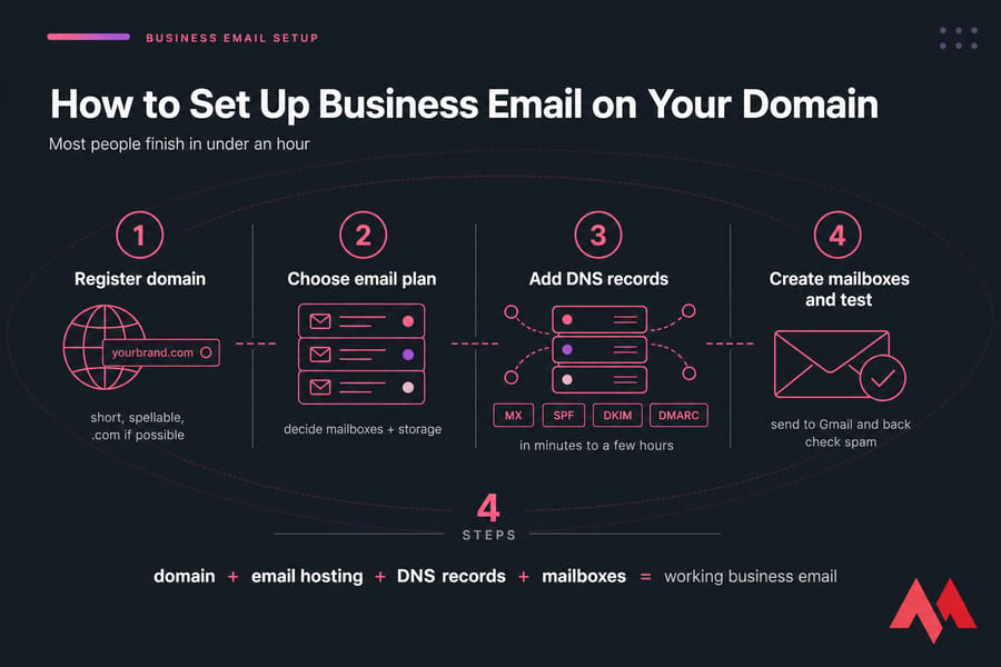 Four-step business email setup infographic: domain, plan, DNS records, and mailbox testing.