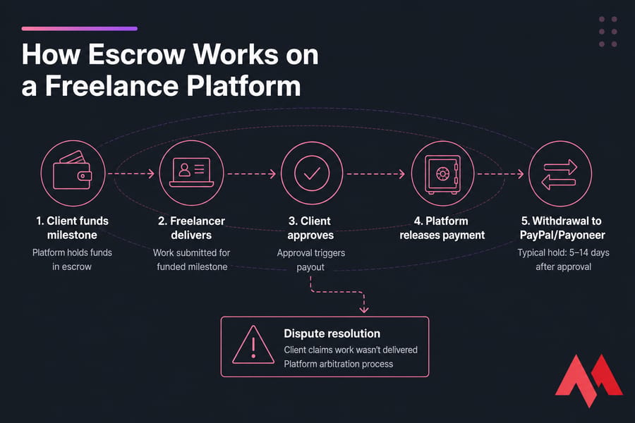 Infographic showing freelance escrow flow from funded milestone to PayPal/Payoneer withdrawal with dispute branch.