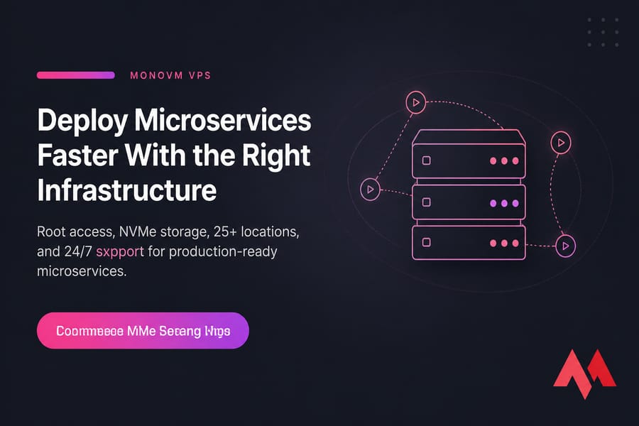 MonoVM CTA card for microservices VPS hosting with headline, benefits, and button.