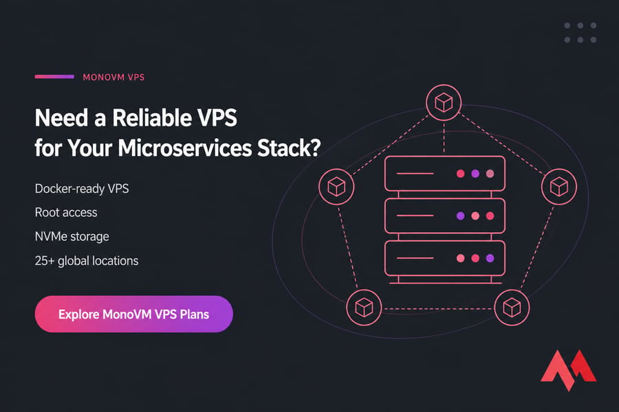 MonoVM CTA card for microservices VPS hosting with headline, features, and Explore Plans button