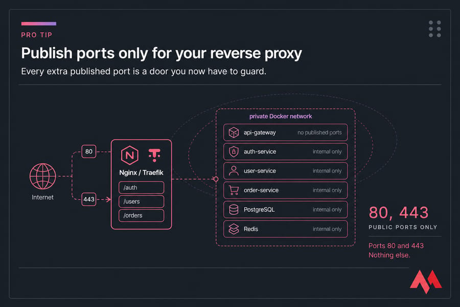 Pro Tip card showing only ports 80 and 443 exposed on the reverse proxy, with other services private.