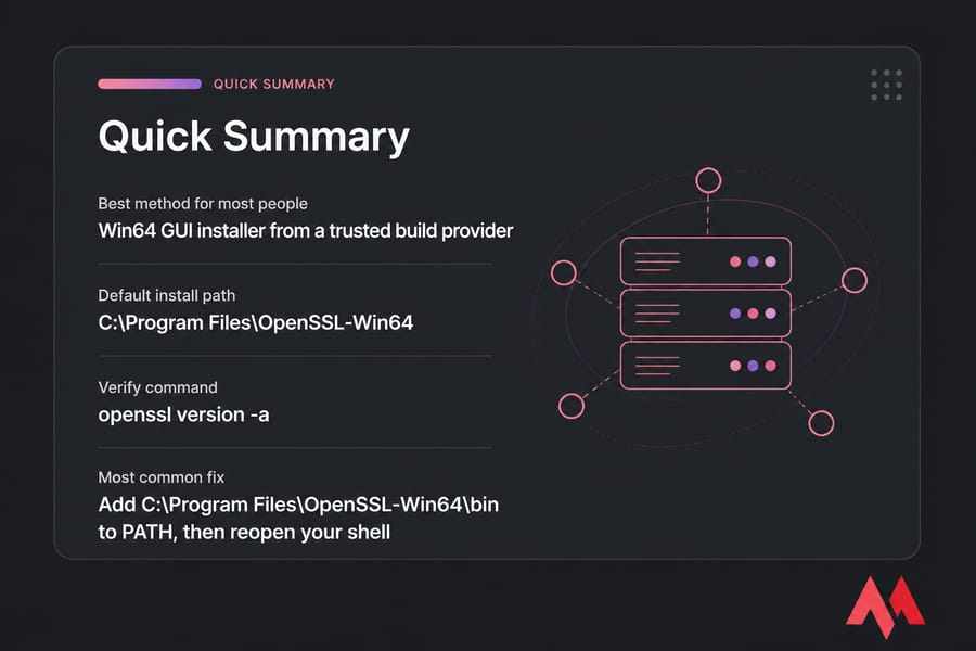 Quick Summary card for OpenSSL on Windows showing install method, path, verify command, and PATH fix