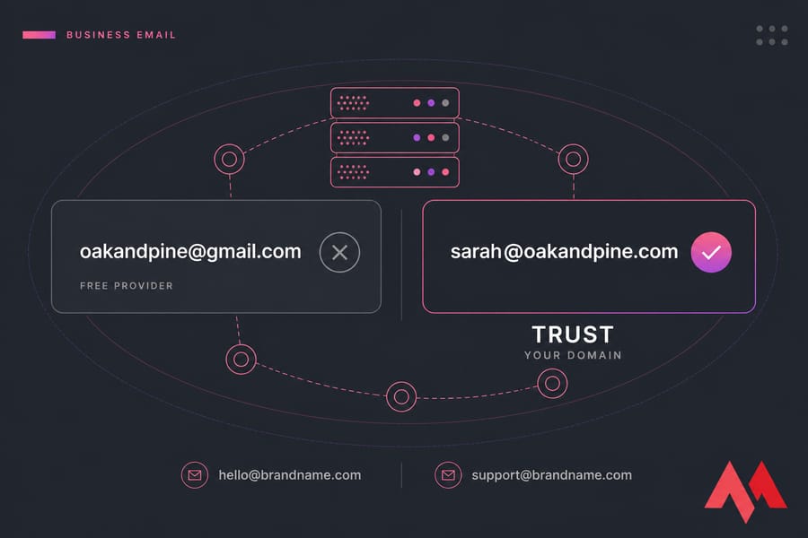 Side-by-side graphic showing oakandpine@gmail.com with X and sarah@oakandpine.com with TRUST