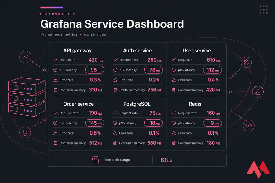 Stylised Grafana-style dashboard with six microservice panels and p95 latency, error, rate, and memory metrics