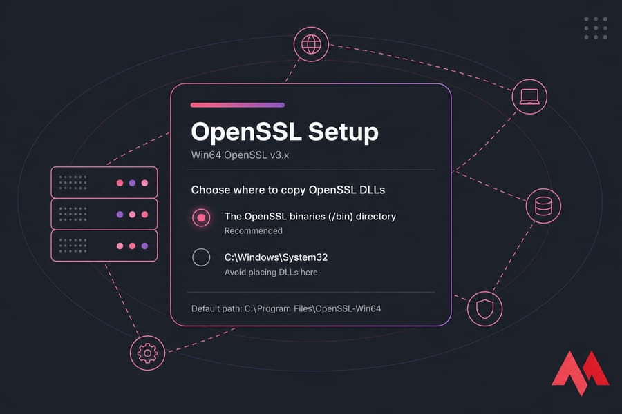 Stylised OpenSSL installer panel showing DLLs copied to the /bin directory instead of System32