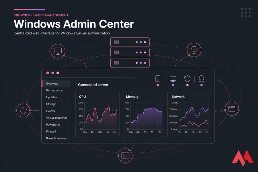 Stylised Windows Admin Center dashboard with left navigation and CPU, memory, and network graphs.