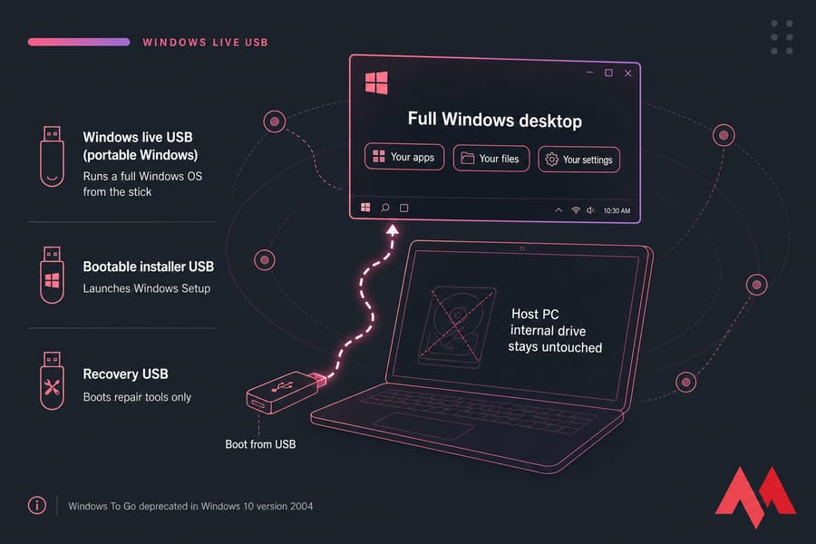 Conceptual illustration of a Windows live USB booting a full desktop from a flash drive into a laptop.