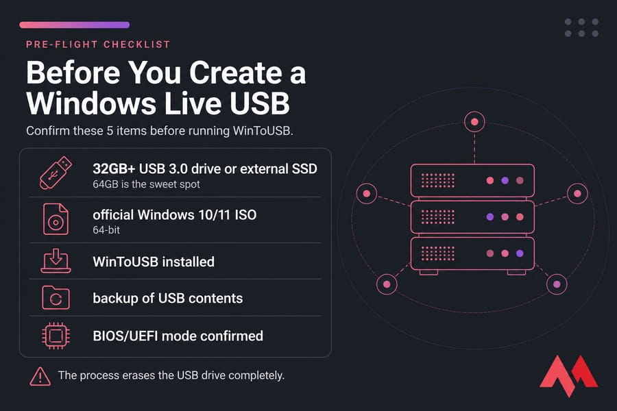 Pre-flight checklist infographic for creating a Windows live USB with five required setup items.