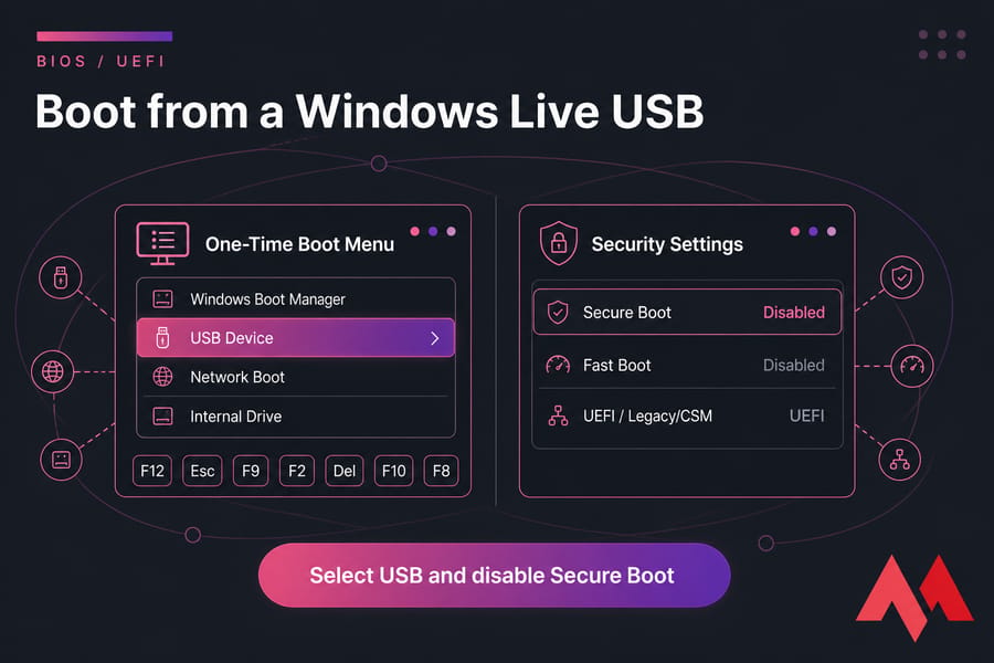 Stylised BIOS boot menu with USB Device highlighted and Secure Boot set to Disabled.