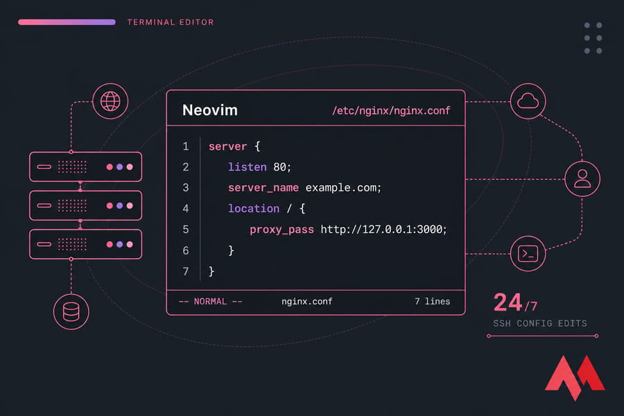 Stylised Neovim terminal editing nginx.conf with line numbers, syntax highlighting, and status line.
