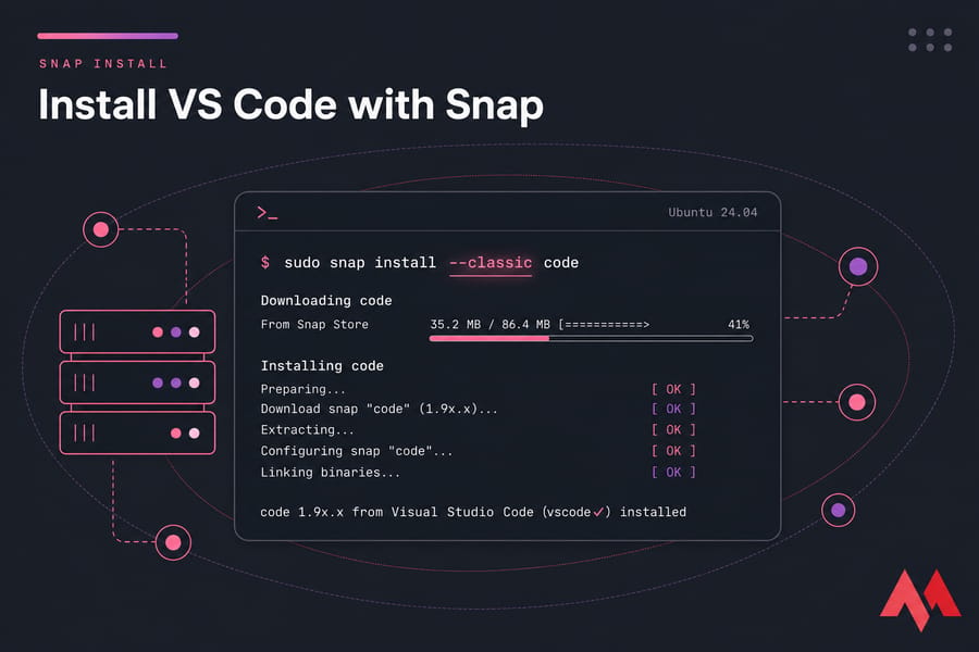 Stylised terminal illustration showing Snap command to install VS Code on Ubuntu 24.04