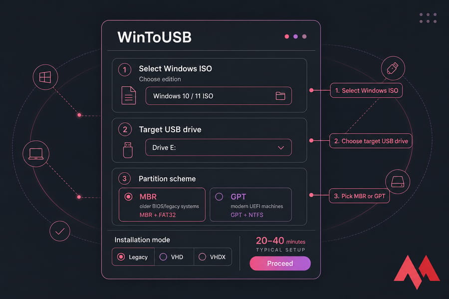 Stylised WinToUSB setup illustration with ISO, USB drive, and MBR/GPT options labeled.