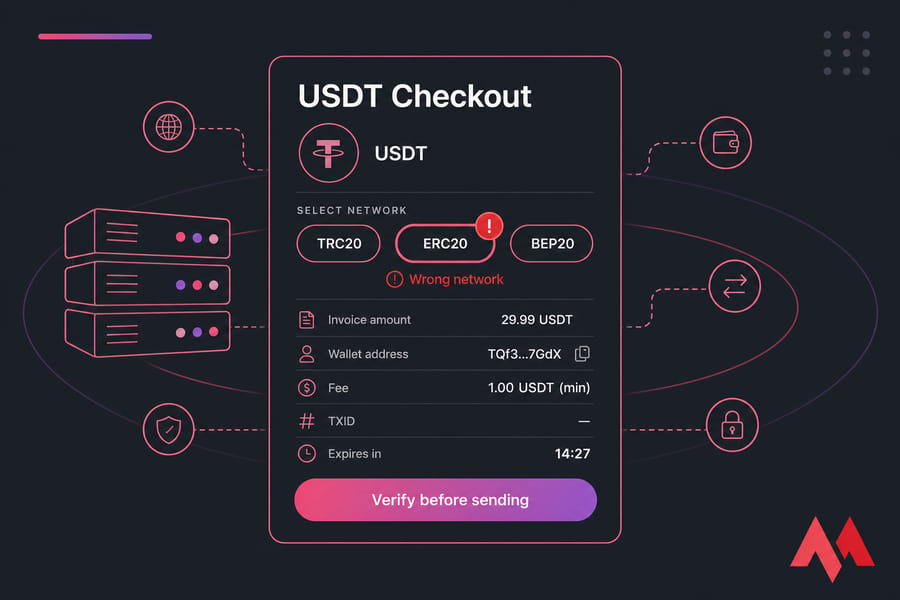 Conceptual USDT hosting checkout showing TRC20, ERC20, BEP20 badges with a wrong-network warning