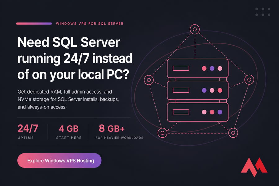 MonoVM-style CTA card promoting Windows VPS hosting for always-on SQL Server use.