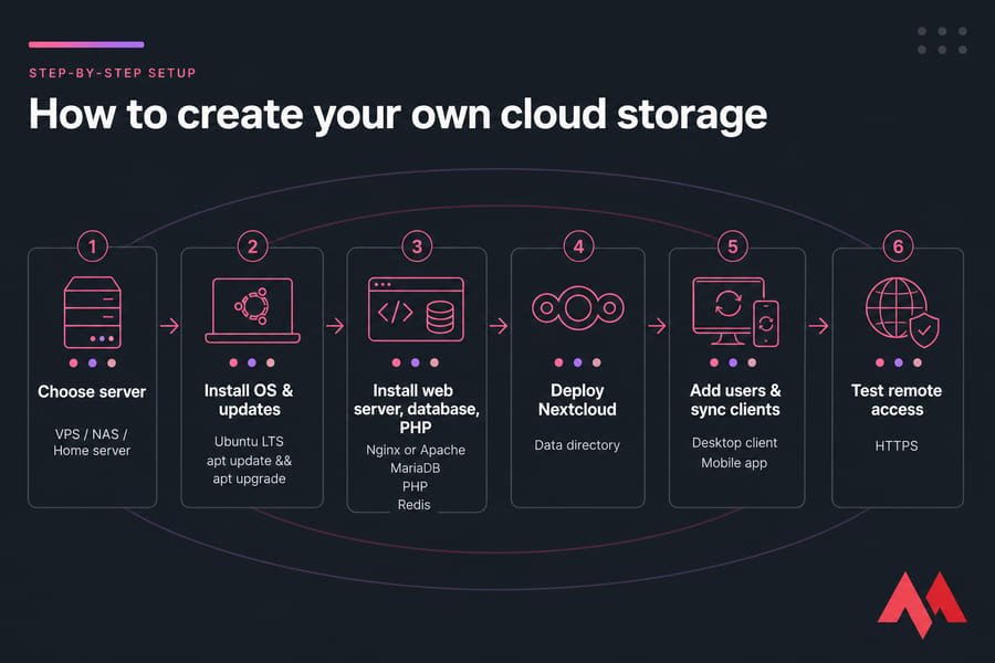 Six-step horizontal infographic for setting up private cloud storage with Nextcloud on a server.