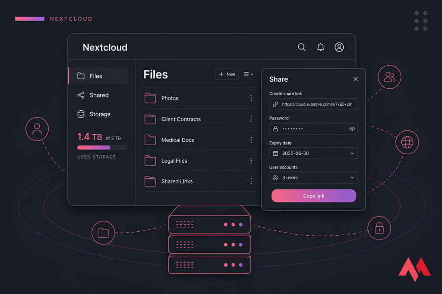 Stylised Nextcloud Files dashboard with share dialog and storage quota bar in dark MonoVM style