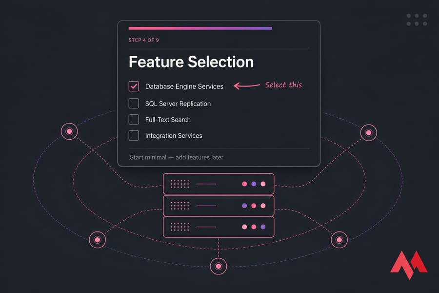 Stylised SQL Server Feature Selection panel with Database Engine Services checked and highlighted.