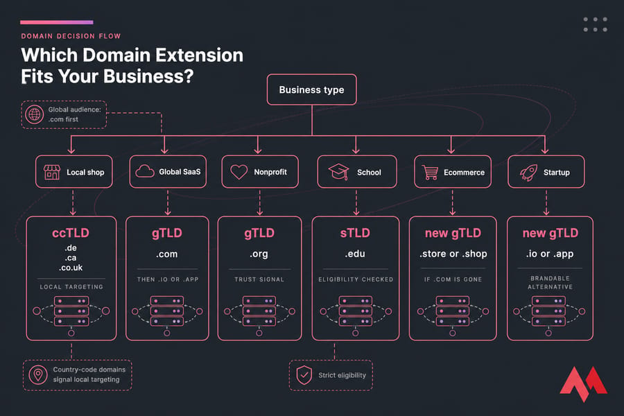 Decision flowchart mapping business types to recommended domain extensions