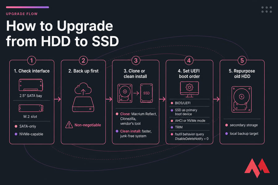 Five-step infographic showing how to upgrade from HDD to SSD safely.