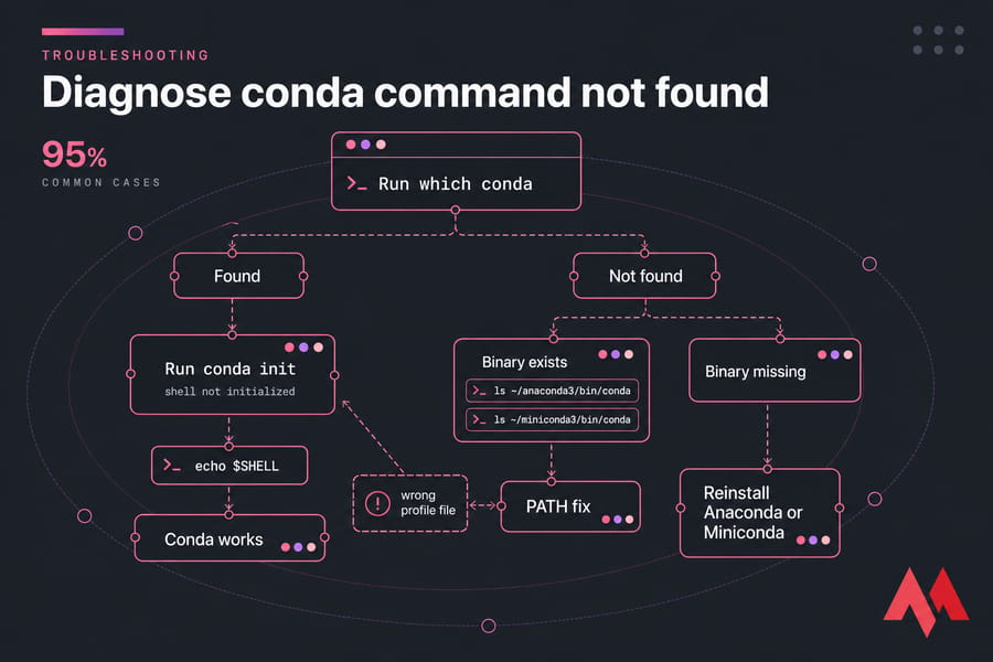 Flowchart diagnosing the conda command not found error with found/not found branches