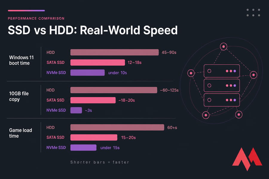 Horizontal bar chart comparing HDD, SATA SSD, and NVMe SSD boot, file copy, and game load times.