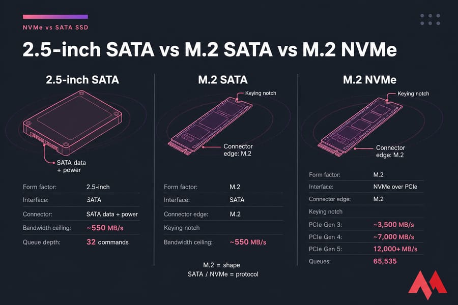 Labelled diagram comparing 2.5-inch SATA, M.2 SATA, and M.2 NVMe drives and speeds
