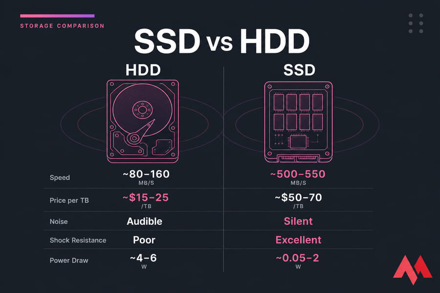 Side-by-side HDD vs SSD comparison showing speed, price per TB, noise, shock resistance, and power draw.
