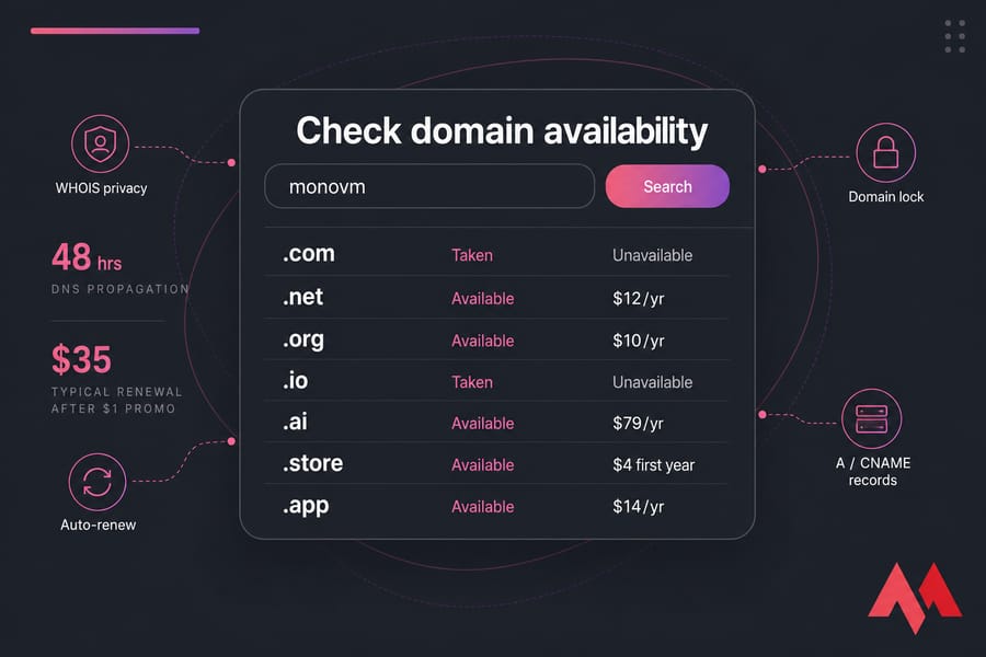 Stylised domain availability checker showing monovm extension results, prices, and renewal warning