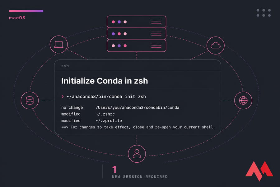 Stylised macOS terminal illustration showing conda init zsh and modified zsh files.